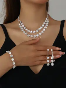 Luxury Bridal Wedding Jewelry Set, Fashion Jewelry Set, Artificial Zirconia Flower Necklace Bracelet Earrings, Elegant Three-Piece Accessory Kit, Necklaces Earrings Set