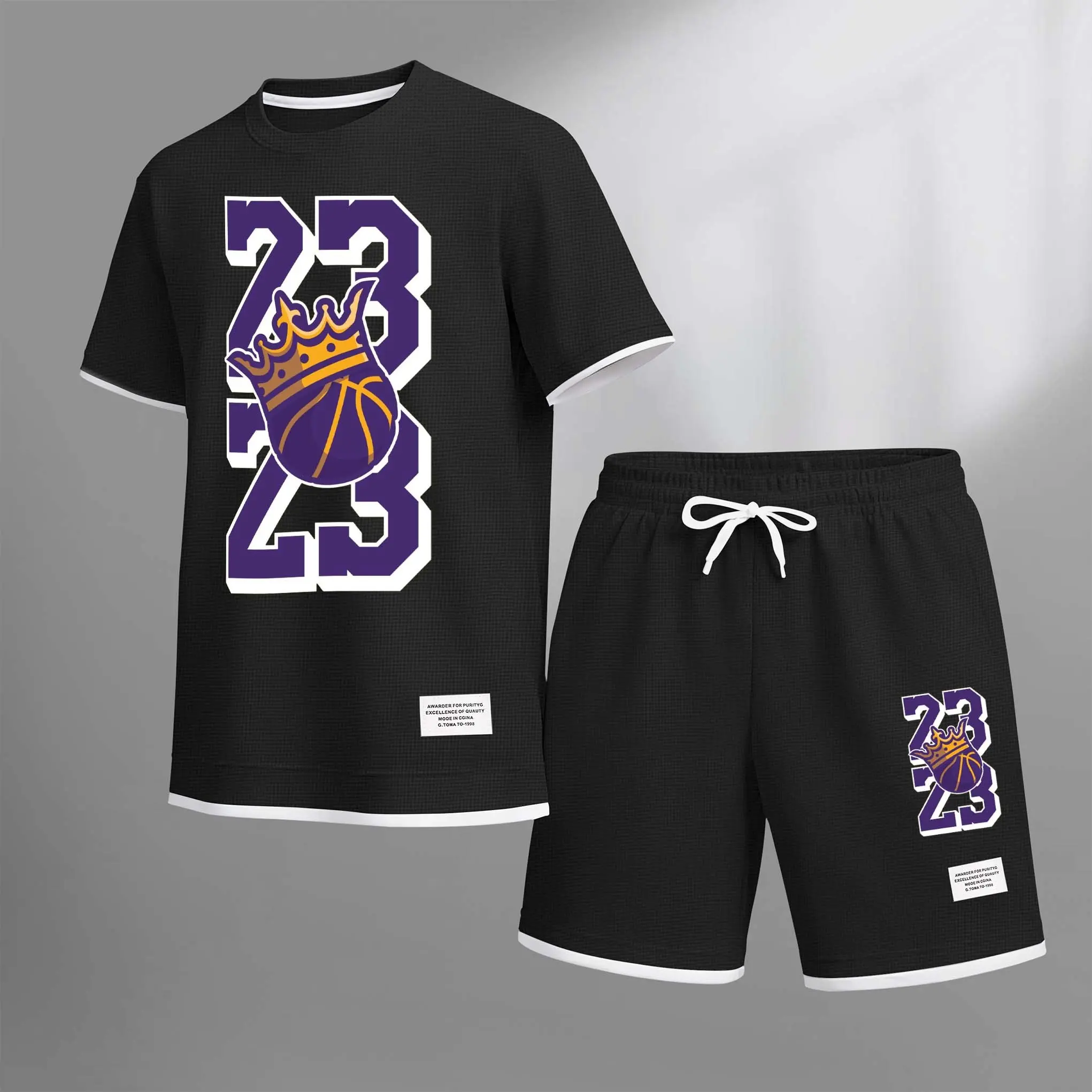 Men's Basketball Print Drawstring Shorts Set For Spring/Summer. A Casual Summer Outfit, Including A Short-Sleeved Shirt And Shorts, Suitable For Everyday Wear And Sports. A Two-Piece Set For A Relaxed And Energetic Lifestyle.