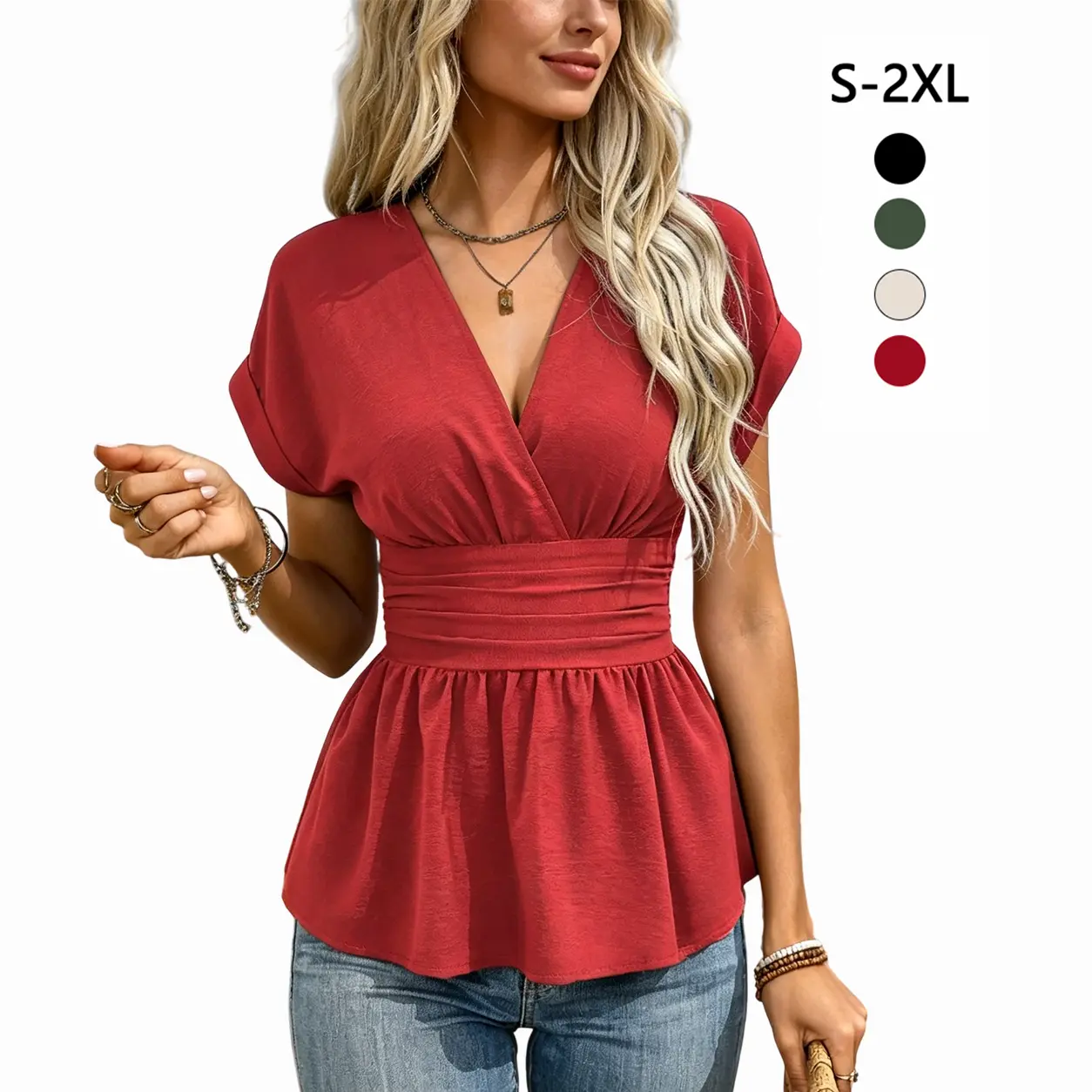 Womens Cap Sleeve V Neck Cinched Waist Business Casual Peplum Tops | Elegant Dressy Tops,Date Night,Going Out Outfits,Flowy Blouse,Smocked Ruched Waist Shirts,Trendy Teacher Outfits