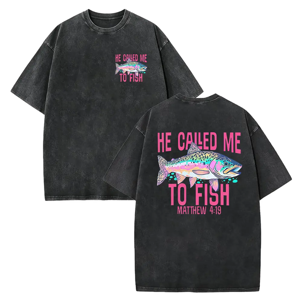 Retro Washed T-Shirt Double Sided Printed (230 Pure Cotton T-Shirt) 'HE CALLED ME TO FISH' Letter And FISH Pattern Print, Mens TShirt, Mens Shirt Casual, Comfortable, Fashionable T-Shirt, Street Style Cotton