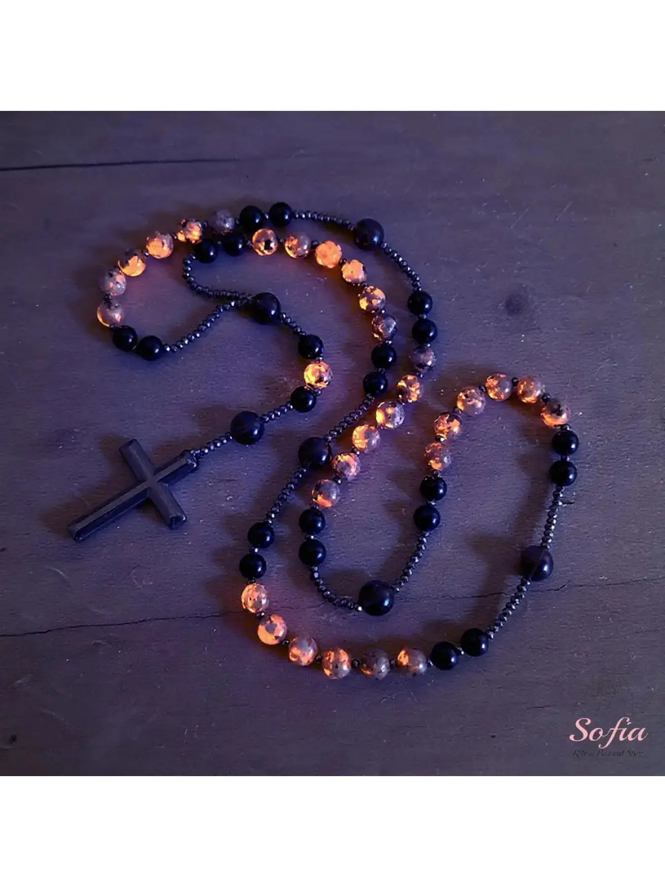 Natural Obsidian Yooperlite Rosary Faith Necklace UV Reactive Protection Necklace Hematite Stone Cross Pendant Necklace Trendy Charms Necklace Gift for her, gift for him Beaded Necklaces Dainty Cross Necklace