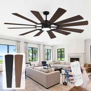 60/72Inch Outdoor Ceiling Fan with Light for Patio,Modern Black/Waknut 12 Dual Finish Damp-proof Plywood Blades Large Industrial Ceiling Fans, Remote Control Farmhouse Ceiling Fan Light for Living Room Bedrooms Outside Porch