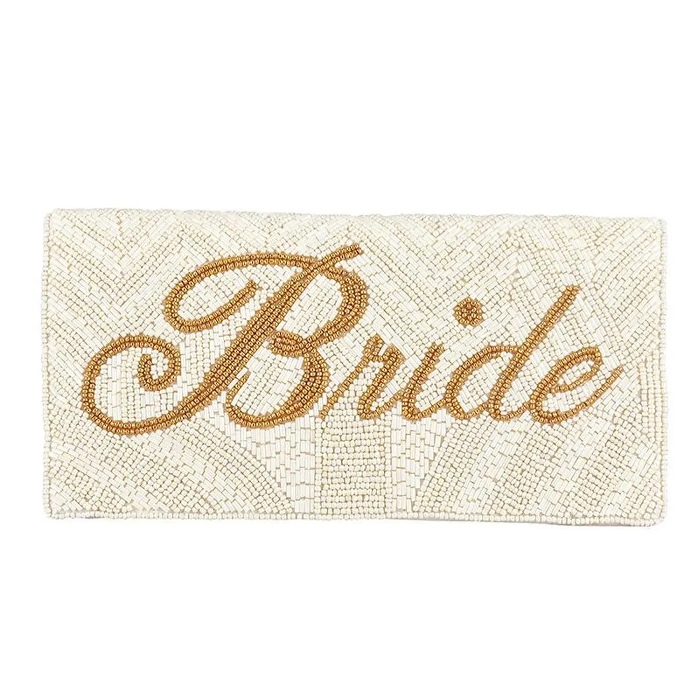 FSX Women's Shimmery Ivory Beaded Clutch, Chic Fold-Over Wristlet with Champagne "Bride" Script for Weddings, Wedding