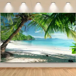 1pc Tropical Beach Wallpaper Turquoise Ocean Palm Trees White Sand Panoramic Design Peel Stick Mural for Luau Party Photo Booth Easy Installation