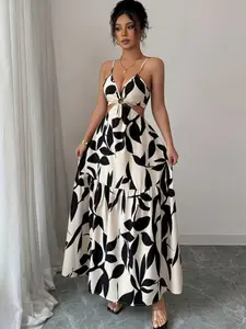 Women's Summer Sexy Vacation Print Cut Out Halter Sleeveless Maxi Dress, Chic Elegant Beachwear, Beach Resort Wear, Perfect for Warm Weather, Stylish & Comfortable, Womenswear