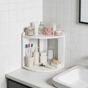 2 Tier Countertop Corner Organizer Shelf, White PVC Bathroom Vanity Storage Organizer Corner Shelf for Skincare, Cosmetics, Perfume