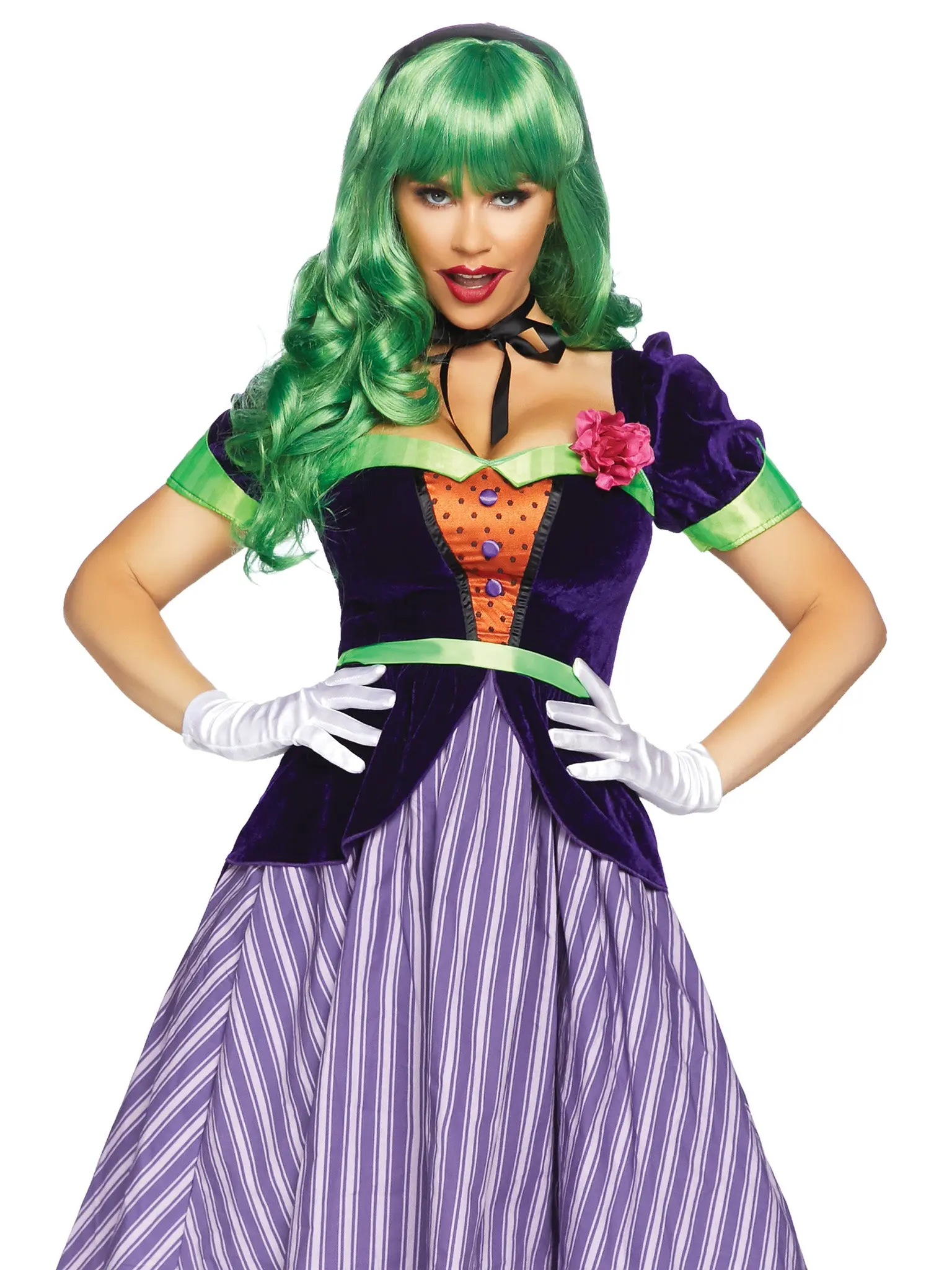 Women's Villain Costume Set, 2-Piece Joker Inspired Velvet Coat Dress with Striped Skirt, Lapel Flower and Ribbon Neck Tie for Comic Cosplay & Halloween, Clothes, Clown, Accessories, Belt, Fit, Sweetheart Cut
