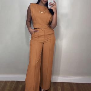CHICME Women's Office 2 Piece Matching Set Cap Sleeve Crop Top High Waist Pocket Palazzo Wide Leg Pants Casual Daily Outfit