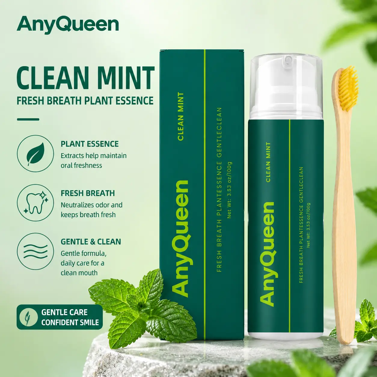 AnyQueen Mint Toothpaste 100g, Natural Plant-Based Oral Care for Fresh Breath & Gentle Cleaning, Daily Dental Hygiene with Bamboo Toothbrush, Eco-Friendly Solution for Adults