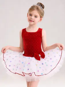 Girls’ Red Velvet Ballet/Dance Recital Dress with Polka Dot Mesh Overlay