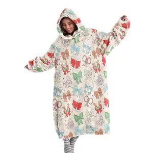 Christmas Bow Pattern Hooded Blanket, Cozy Hooded Blanket, Soft Flannel Throw for Sofa, Home Decor, Office Nap, Camping Travel Gift