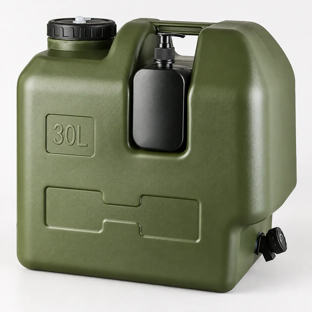 Olive Green 30L/7.9gal PE Camping Water Container, Portable Tank with Spigot, Soap Dispenser, Carry Handle for Outdoor Camping, Road Trips