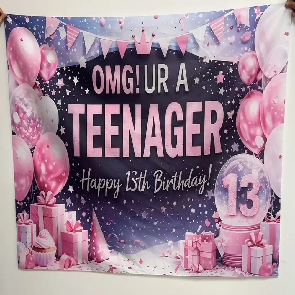2D Flat 13th Birthday Background Cloth, Photo Backdrops, Backdrops For Photoshoot, Gradient, Omg! Ur a Teenager Slogan, Teen Party Decor, Birthday Decoration, Birthday Party Decorations, Polyester Material