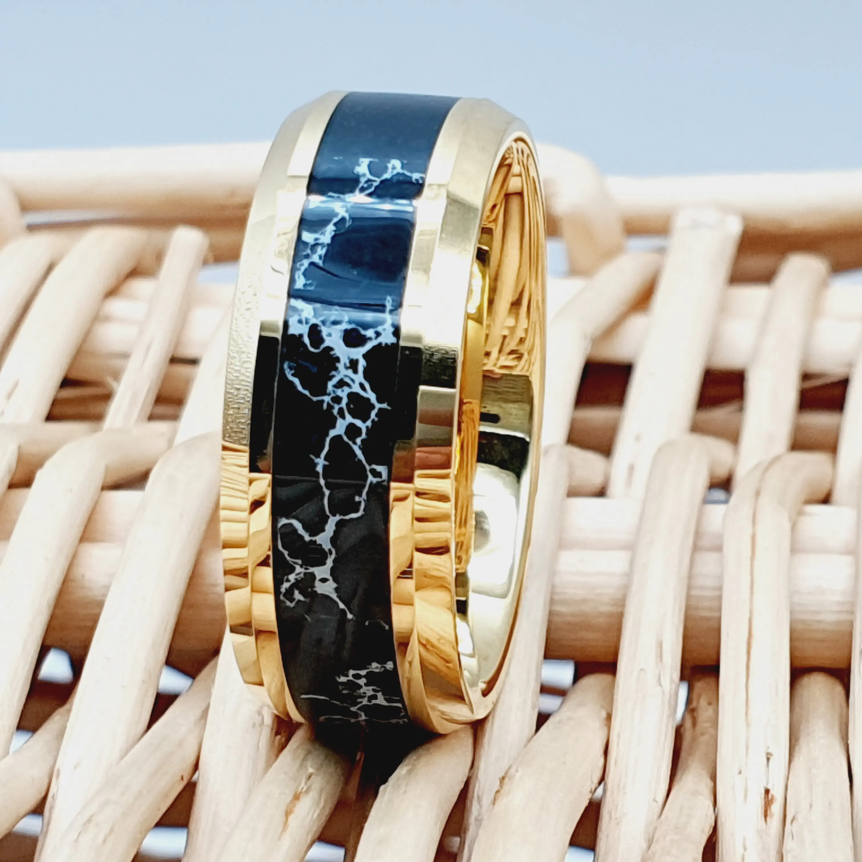Black Turquoise Wedding Ring, Yellow Gold Wedding Band, Tungsten Carbide Ring for Man & Woman