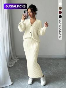 women's solid button front sweater & long skirt two-piece set, casual drop shoulder long sleeve knit top & high waist skirt for daily outdoor wear, women's knitwear for fall & winter