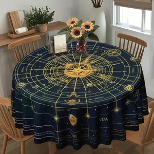2D Flat Vintage Style, Blue Gold, Astrological Compass Round Table Cloth, Family Kitchen Living Room Dining Table Cloth, Party Tablecloth, Kitchen Accessories, Room & Outdoor Tablecloth