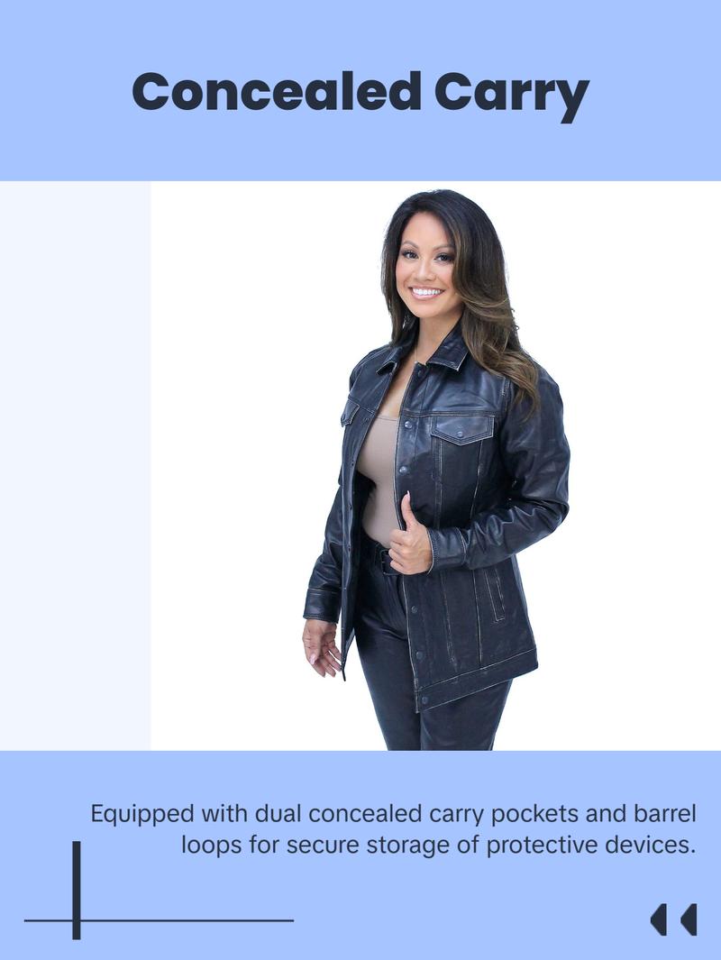 JAMIN LEATHER® Vintage Black Women's Long Leather Jean Jacket #LA2010LZK with Dual Concealed Pockets & Snap Front Collar - Coats