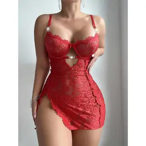 2pcs/Set Lace Contrast Mesh Nightgown Babydoll (With Underwire, T-Back) For Women Bridal Lingerie For Going Out, Baddie Look