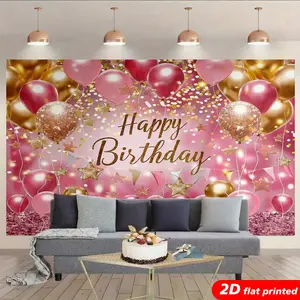 2D Print Rose Gold Blush Pink Balloon Happy Birthday Photo Tapestry Wall Hanging, Polyester Star-Infused Backdrop Banner, Women’s Birthday Party Gift, Aesthetic Room Decor