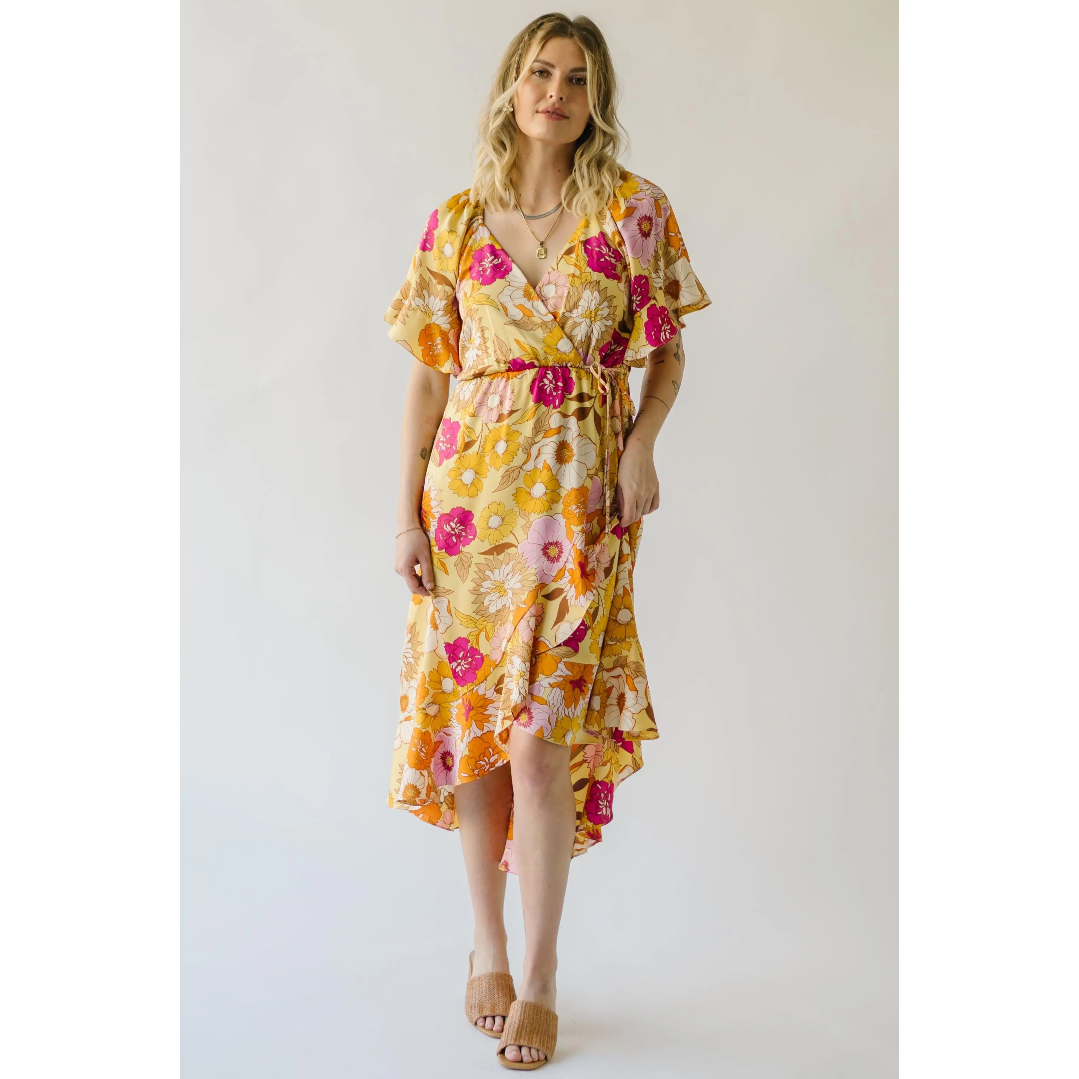 The Spector V-Neck Floral Wrap Dress in Orange + Fuchsia