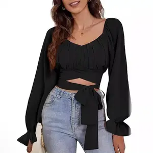 Women's Ruched Wrap Square Neck Flounce Long Sleeve Self Tie Crop Top Blouse 2025