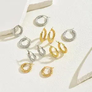 14K Gold Plated Stainless Steel Hoop Round Earrings Women Twisted Silver E26