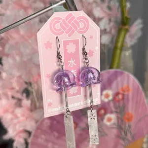 Purple Furin Wind Chime Japanese Earrings with Pink Bell Design and White Floral Accents Handmade Stainless Steel Hypoallergenic