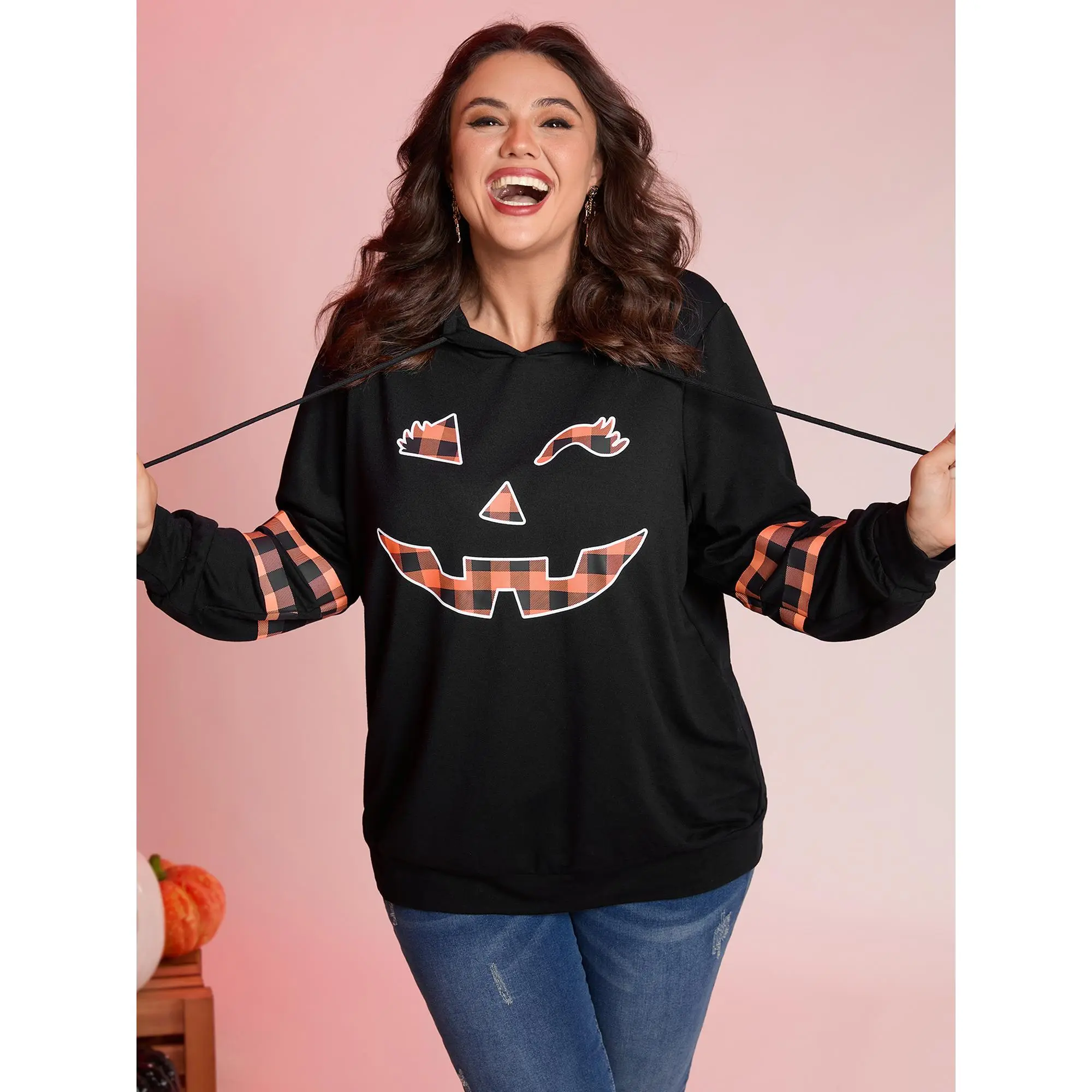 BloomChic Women's Plus Size Pullover Garment, Casual Pumpkin Plaid Long Sleeve Hoodie Top with Stretch Spandex
