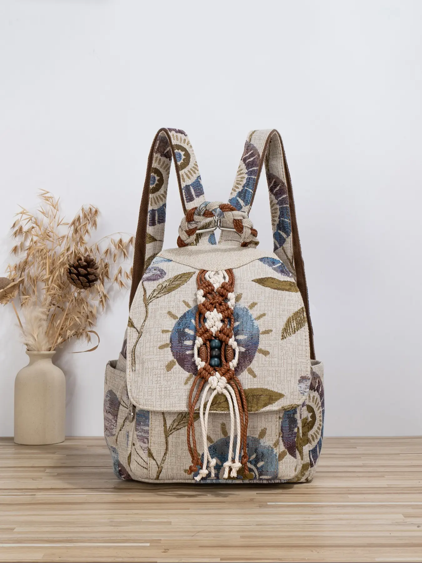 Boho Ethnic Handwoven Backpack, Colorblock Lattice Design, Multi-Layer Flap Closure, Original Fashion Style, Random Cut, Backpacks Women