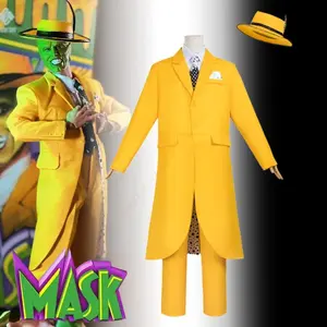 Movie The Mask Cosplay Costume Jim Carry Cosplay Yellow Uniform Carnival Party Suit Hat Green Mask Halloween Clown Props Outfits