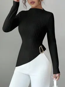 Women's Elegant Solid Color Ribbed Knit High Neck Long Sleeve Top, Asymmetrical Hem with Metallic Button Design for Spring and Autumn, Knitwear, Womenswear