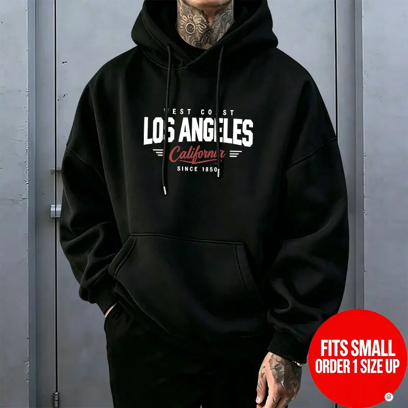 Los Angeles California vintage print hoodie, American West Coast loose oversized drop-shoulder casual pullover sweatshirt for men and women 【Runs small, order one size up】