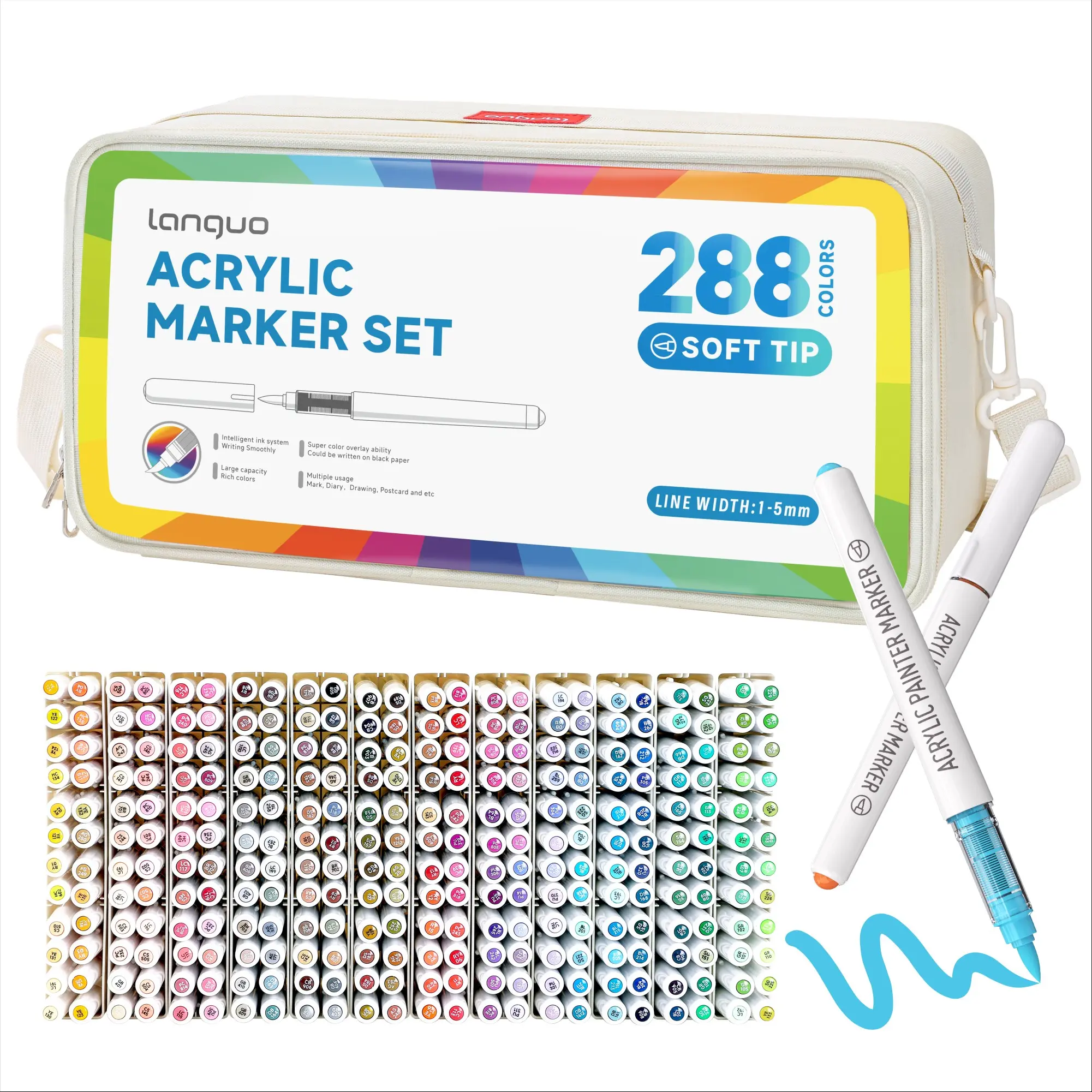 Lang Guo 288 Color Acrylic Paint Marker Pen Set, Soft Brush Tip Marking Bag, Fabric Wood Stone Canvas Glass Egg Rock Painting DIY Crafts Art Supplies