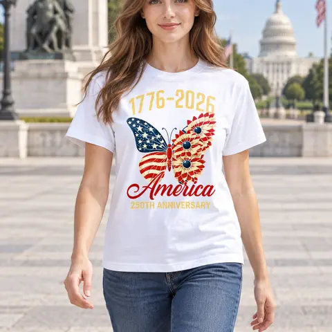 Butterfly American Flag 1776 2026 America 250th Anniversary Print T Shirt White Casual Loose Fit For Everyday Wear And Outdoor ActivitiesUnisex Crew neck T-shirt for Men And Women,All-Season Comfort,100% Cotton