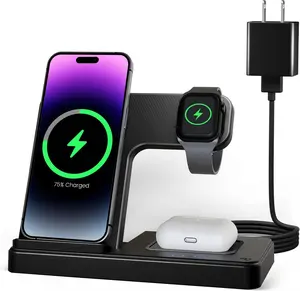Magnetic 3 in 1 Charging Station for Multiple Devices,Mag-Safe Wireless Charger for iWatch & Airpods Pro 3 2, Foldable Charging Stand Dock for iPhone 12-16 Series with Adapter(Black) Multidevice
