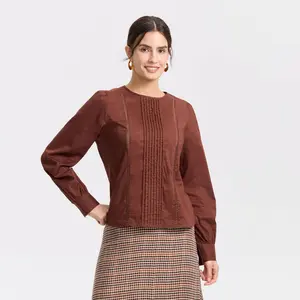 Women's Bishop Long Sleeve Pintuck Blouse - Universal Thread Brown L