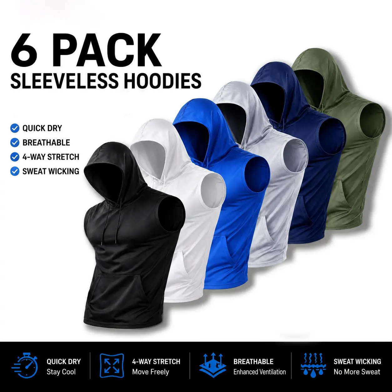 6 Pack Tank Tops for Men, Quick Dry Sleeveless Hoodies with Pockets, Breathable 4-Way Stretch Sweat-Wicking Workout Shirts, Lightweight Athletic Gym Tops for Running, Training, Basketball, Fitness, Summer Streetwear and Everyday Casual Wear