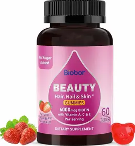 Beauty Gummies No Sugar Added, Hair Skin and Nails with Vitamins A C E, Natural 6000mcg Biotin Gummies for Women Men, GMO Free, Gluten Free