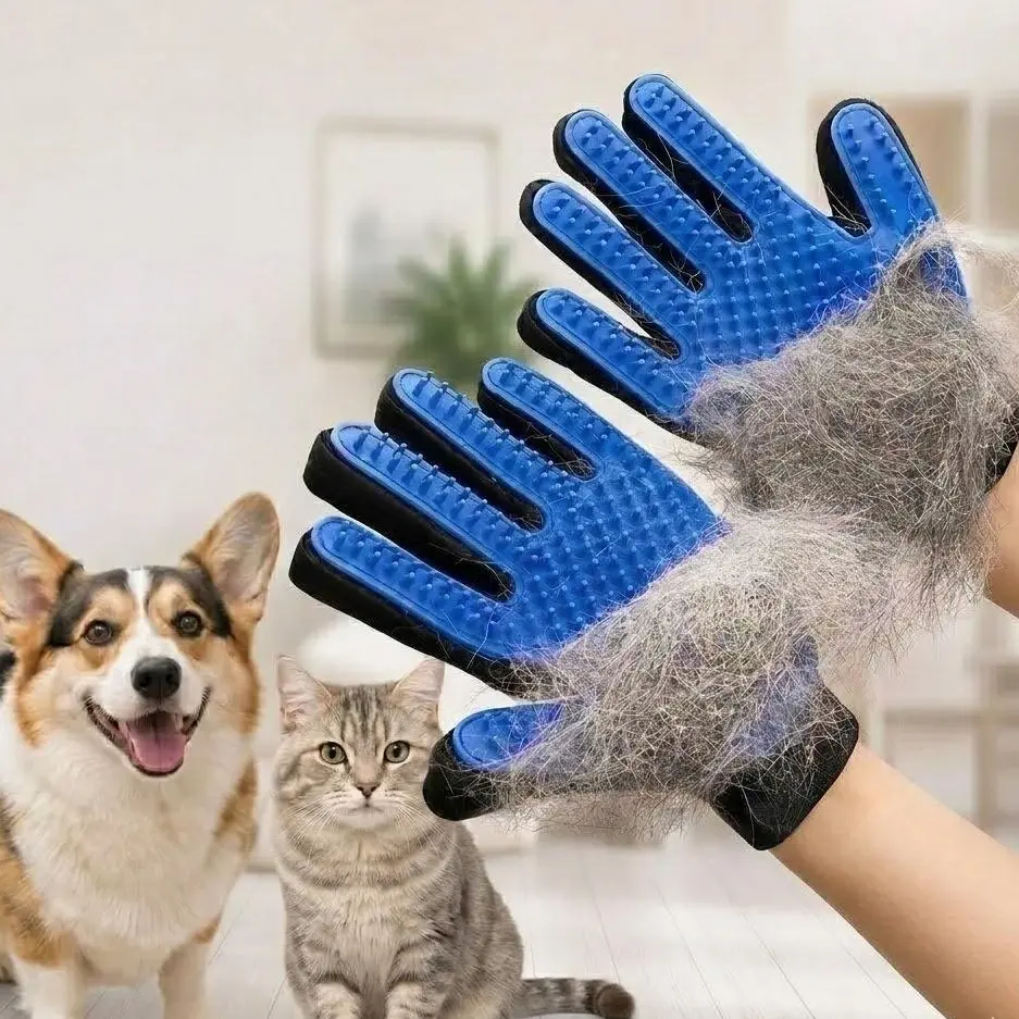 2-in-1 Pet Grooming Glove, Universal Grooming Supplies for Dogs & Cats, Gentle Deshedding Brush, Soft Massage, Hair Removal, Non-Slip, No-Scratching, 1-Hand Use Tool for All Fur Lengths, Home Care Cleaning Glove