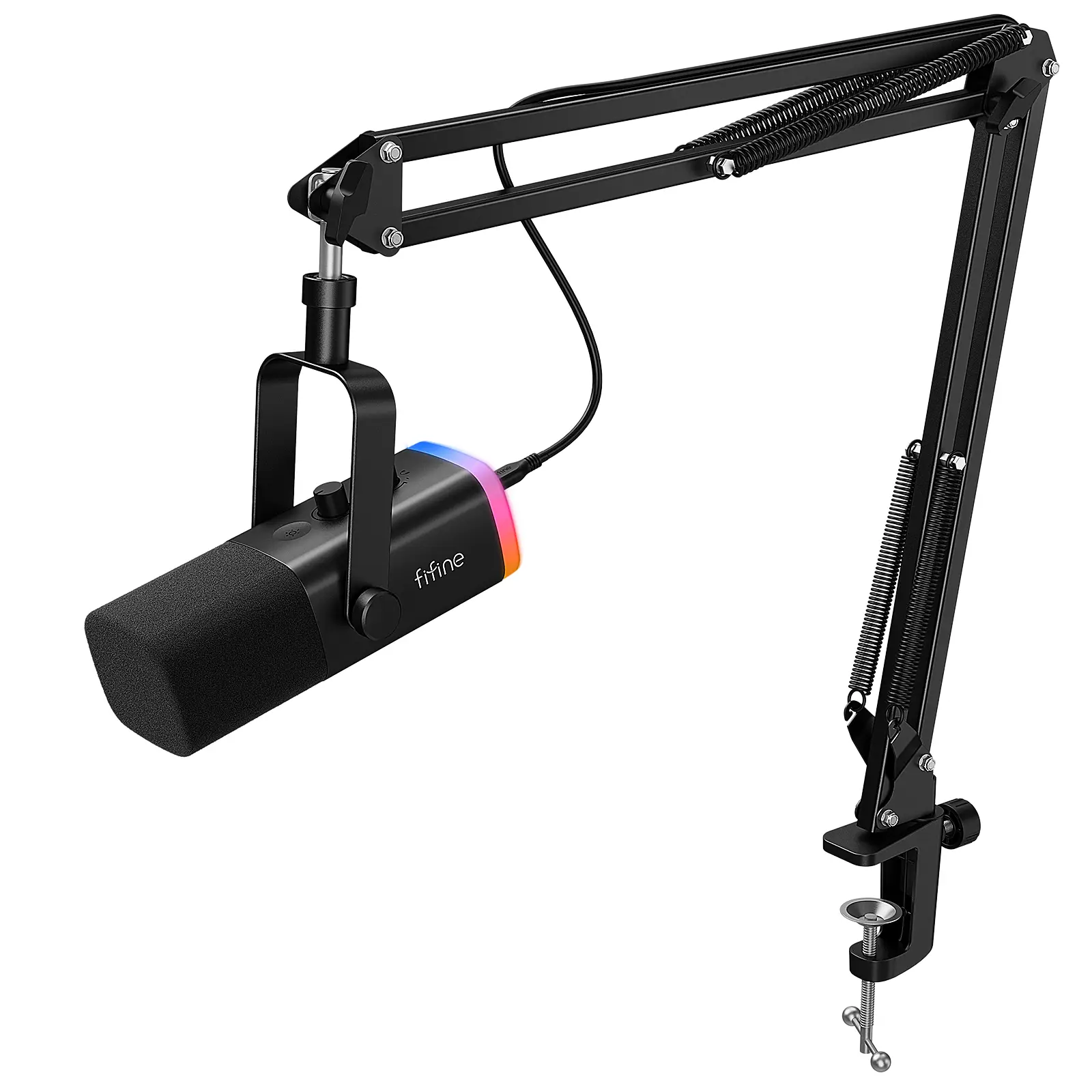 FIFINE AM8T XLR/USB Gaming Microphone with Boom Arm Stand, Dynamic PC Mic for Streaming Podcasting, Computer RGB Mic Kit, Mute Button, Headphones Jack