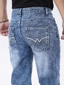 Men's Regular Fit Embroidery Pocket Design Jeans, Casual Comfy Slim-fitting Embroidered Denim Jeans for Daily Wear, Fashion Men's Bottoms for All Seasons