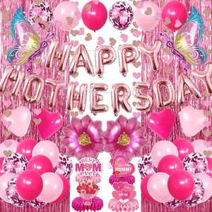 63PCS Mother’s Day Party Decor – Balloons, Heart & Flower Foil, Fringe Curtains & Honeycomb Centerpieces, Perfect for Mom