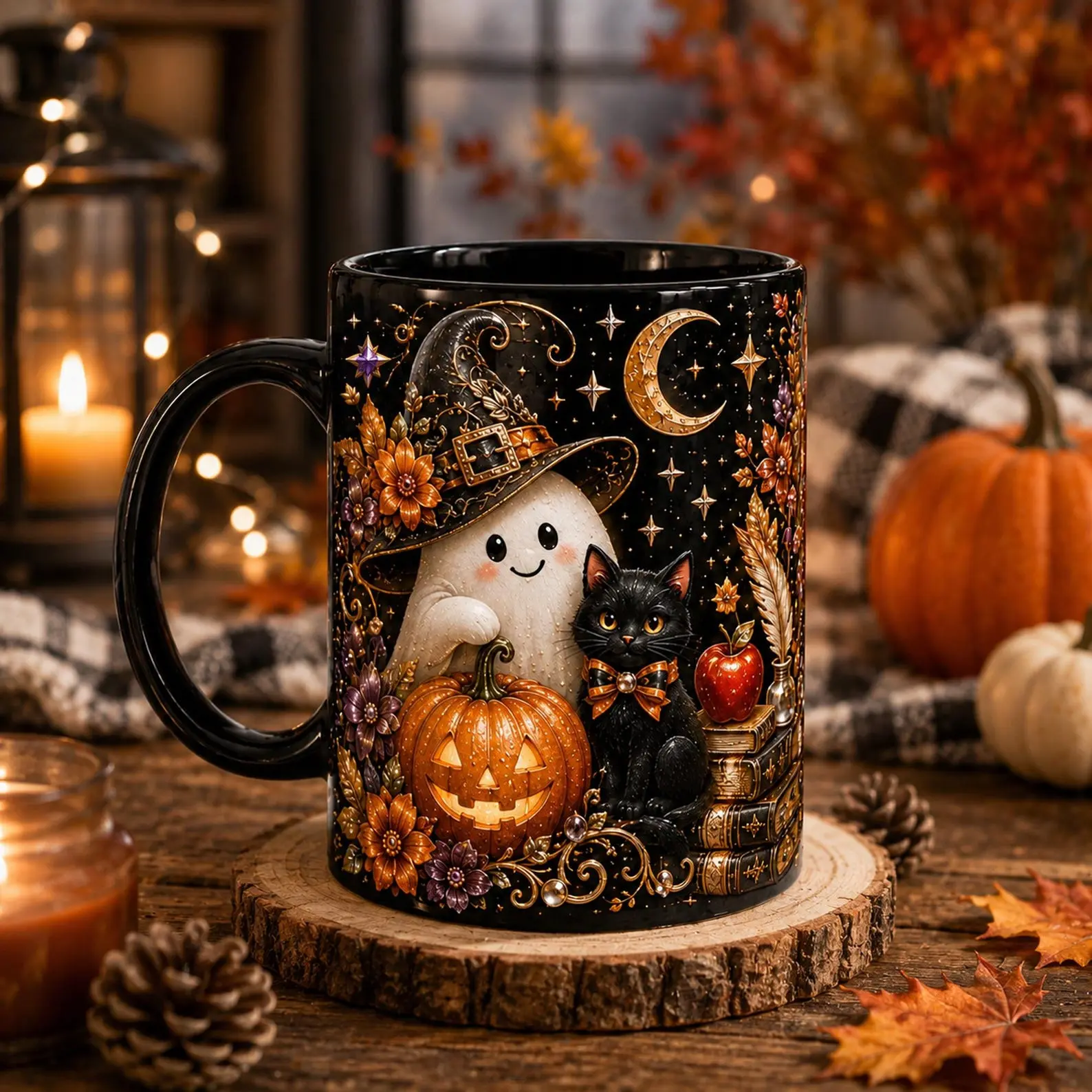 Halloween Mug, Cute Ghost And Black Cat Mug, Witchy Pumpkin Coffee Cup, Spooky Fall Mug, Autumn Gift For Her