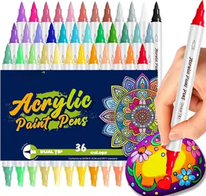 Markers - 36 Brush + Chisel Drawing  Pens for Fabric, Paper, Pumpkin Painting, Rocks, , DIY Any Surface, Automatic Ink Control, Large Area Graffiti, Permanent,