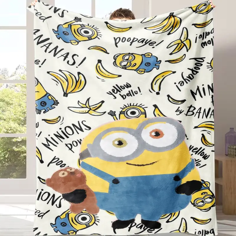 Minions Cute Cartoon Character Banana Print Flannel Throw Blanket Ultra Soft Warm Lightweight All Season Cozy Bed Cover Fun Minion Teddy Bear Design Aesthetic Merch Gift For Kids Fans Bedroom Sofa Camping Home Bedding Decor