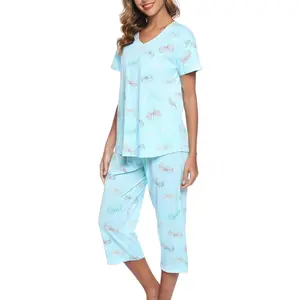Womens Pajama Sets Cotton Pj Set Short Sleeve Top With Capri Pants Sleepwear 2 Piece Lounge Set