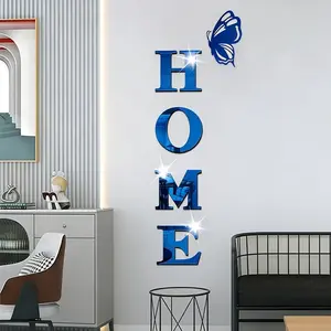 5pc, Blue letters HOME butterfly family logo mirror wall sticker, DIY self-adhesive removable acrylic three-dimensional wall sticker for home decoration, used for wall decoration in living rooms, bedrooms, and entrances, Decoration Items