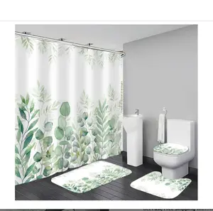 4Pcs Green Bathroom Set Leaves Shower Curtain Set Spring Eucalyptus Leaf Shower Curtain for Bathroom with 12 Hooks, Bathroom Decor Accessories for Bathroom Toilet Lid Cover