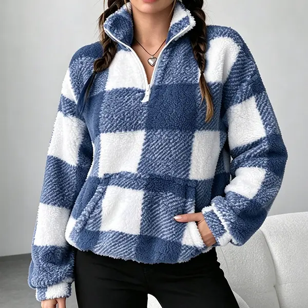 Women’s vintage large plaid fleece half-zip jacket, relaxed style stand collar long sleeves, thick fleece casual sweatshirt