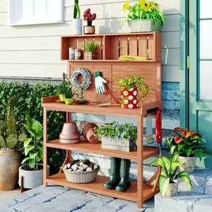 Large Wooden Farmhouse Rustic Outdoor Potting Bench Table, Patio Workstation, Garden Potting Bench with 4 Storage Shelves and Side Hook